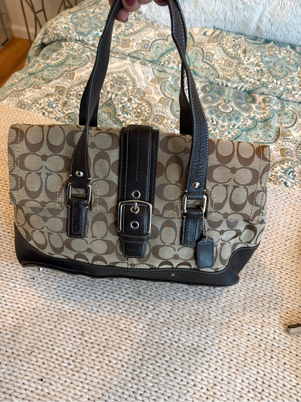 Coach Signature Canvas Shoulder Bag in Khaki and Brown